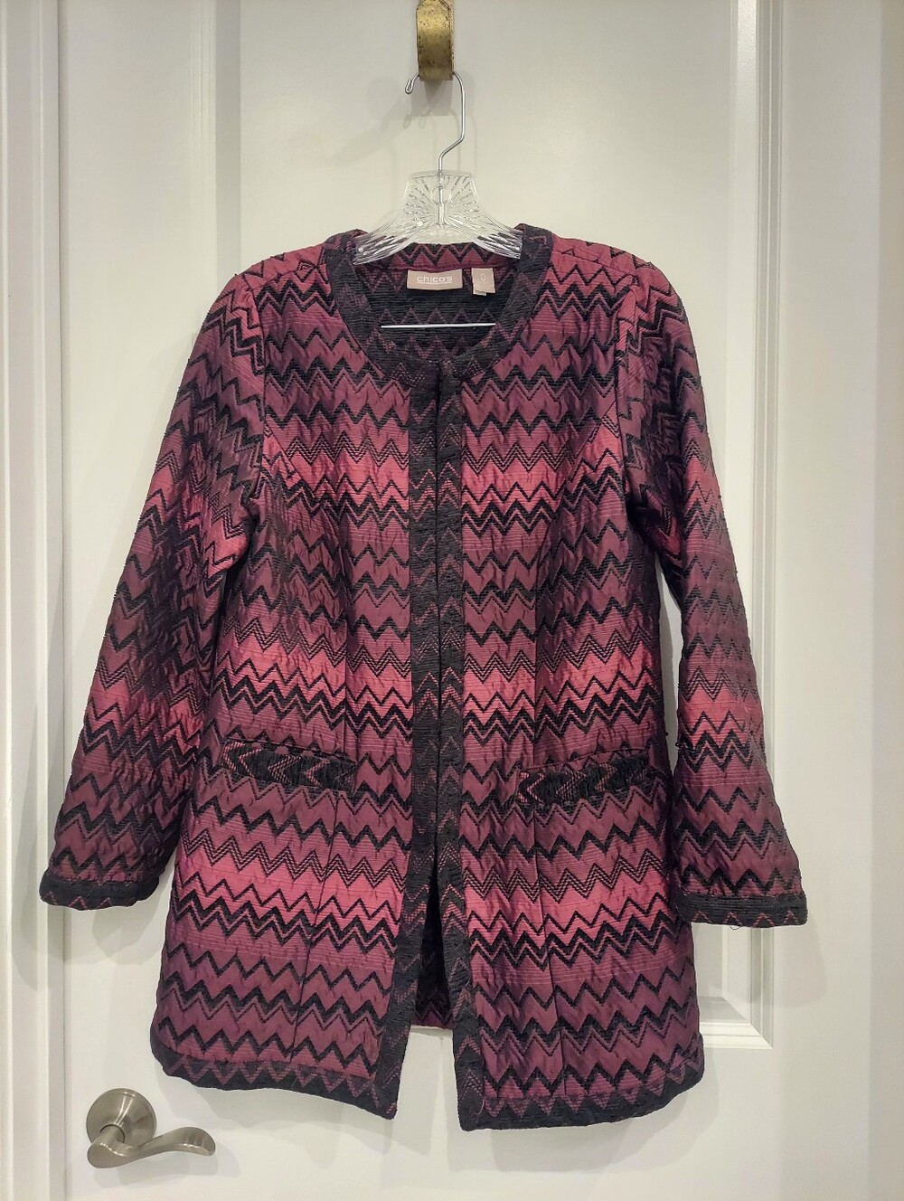 Chico's Chevron Jacquard Open Front Jacket Blazer Size 0 Purple Black